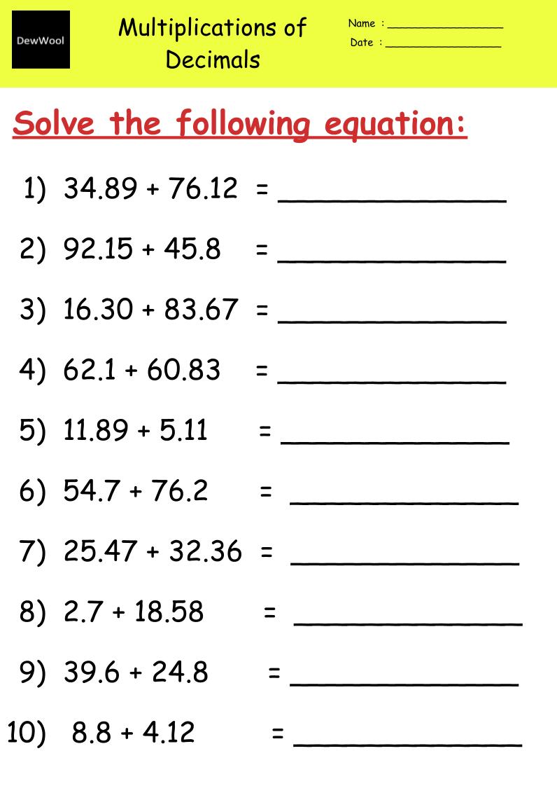 Addition Of Decimals Worksheets DewWool