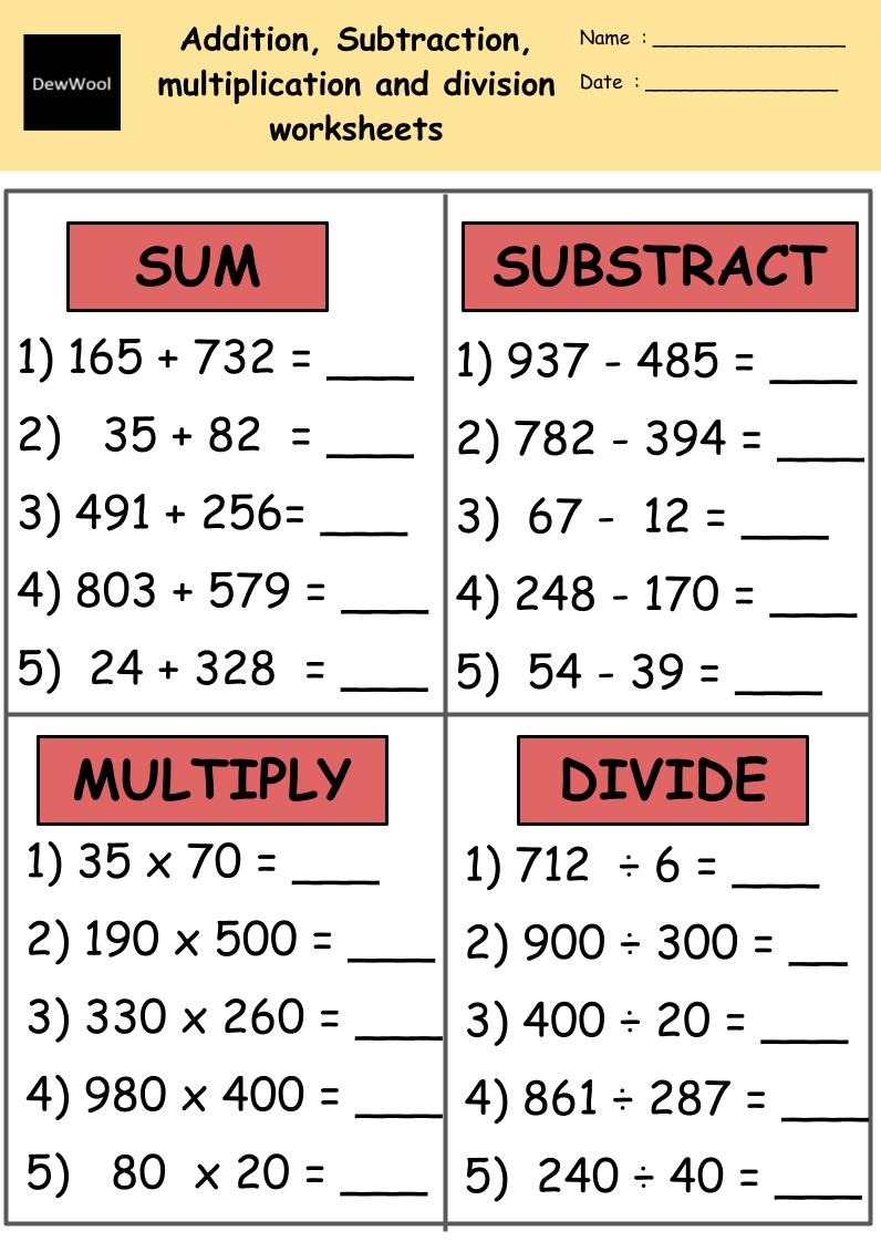 Addition Subtraction Multiplication Division worksheets DewWool