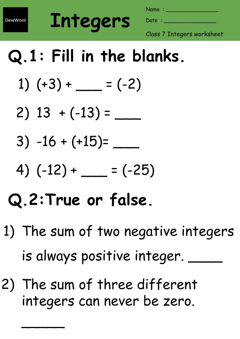 Maths Worksheet For Class 7 Integers