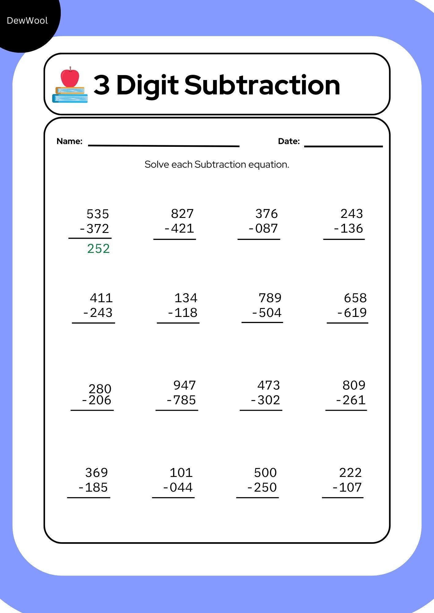 3 Digit Subtraction Worksheets Free PDFs DewWool