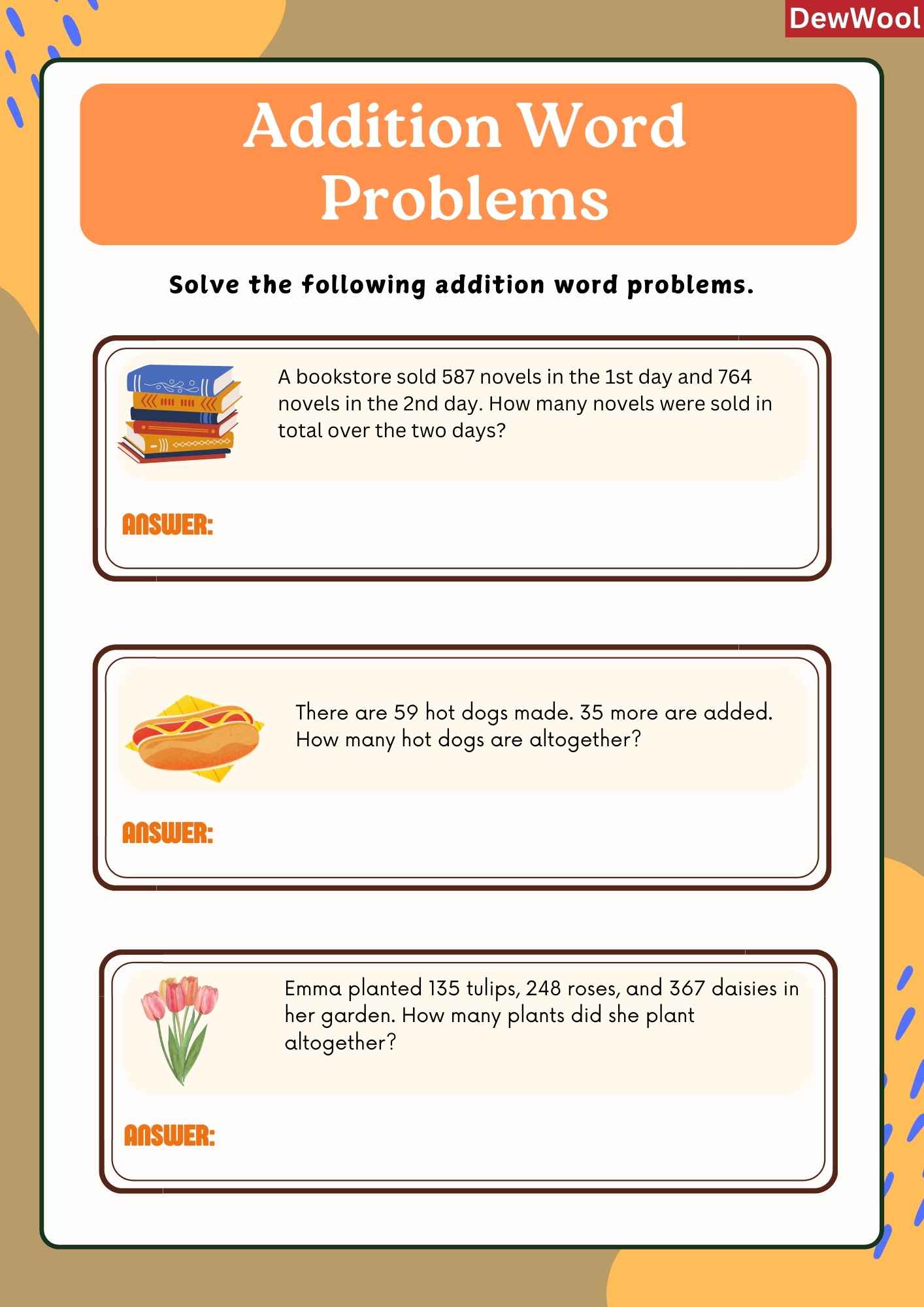 Word Problem Addition Example Addition Word Problems | DewWool
