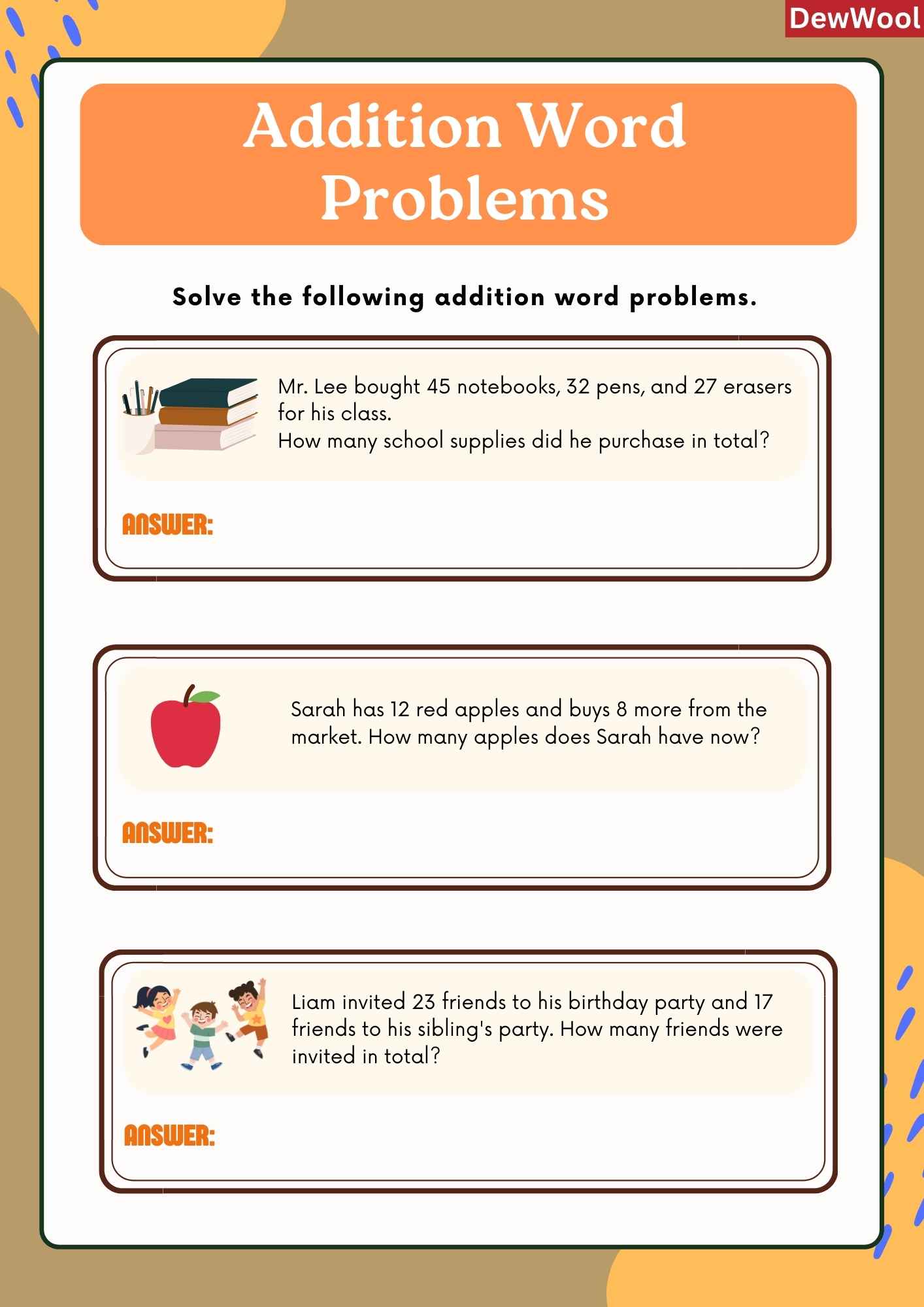 Addition word problems 1 | DewWool